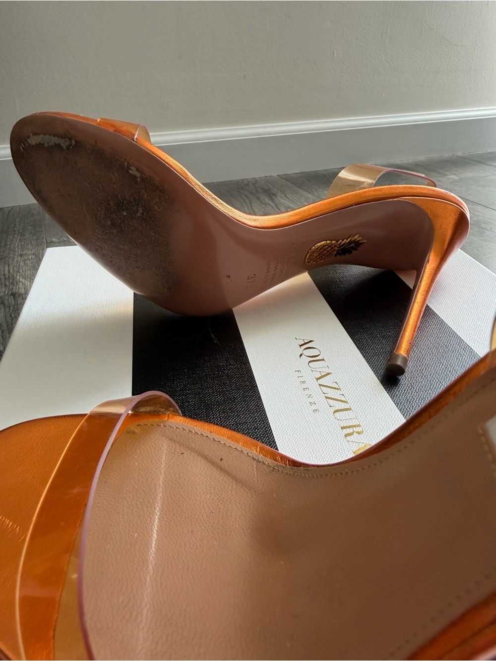 Aquazzura So Nude Plexi 105 Metallic Mandarin Orange Sandals Heels – Size 37.5 - Picture 9 of 9